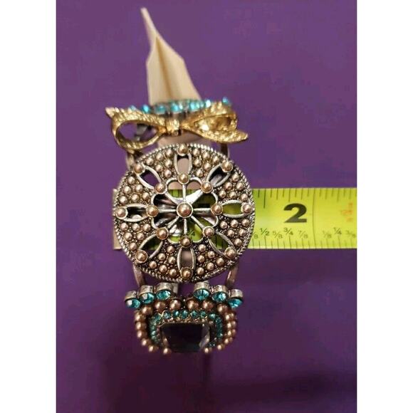 Chunky Ornate Clamper Bangle Bracelet Silver Tone Blue Rhinestones Gold Tone Bow - Picture 6 of 8